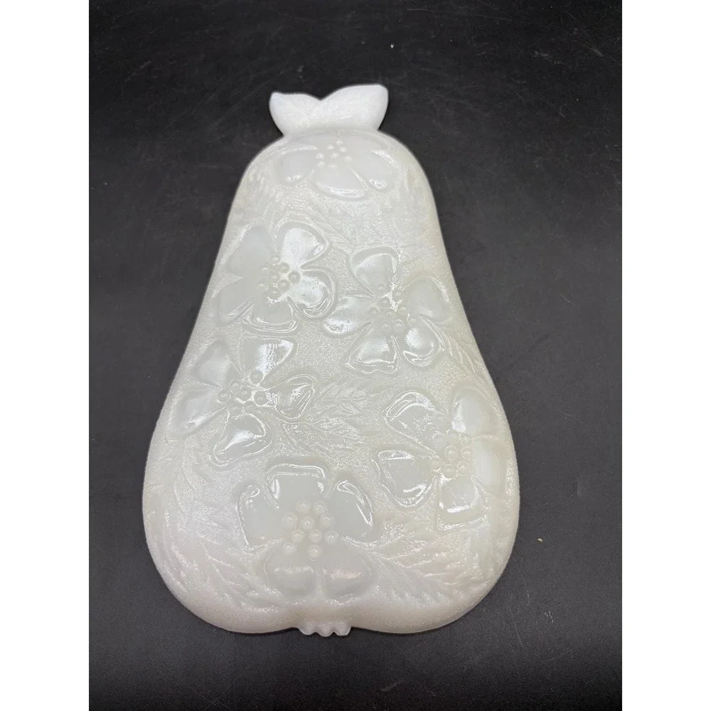 Vintage Milk Glass Pear Shaped Serving Fruit Floral Embossed Trinket Dish White
